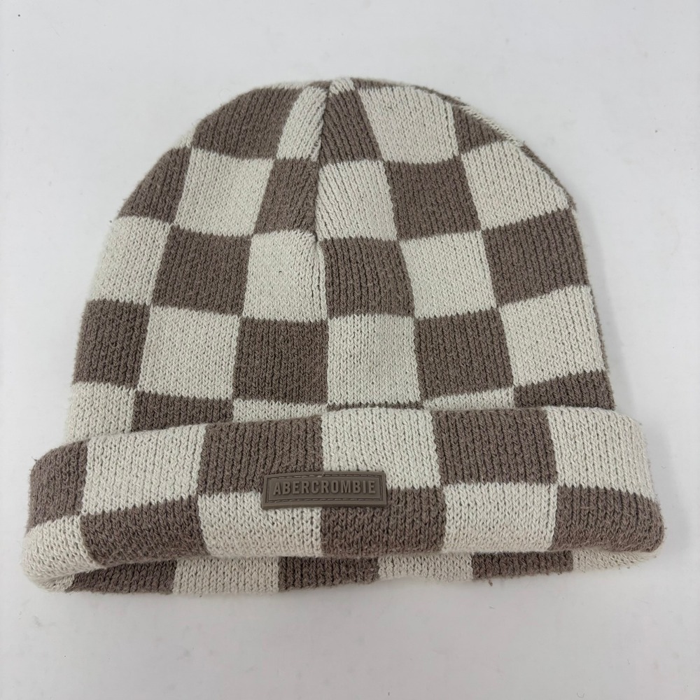 NWOT Abercrombie Beanie Unisex Brown Checkered Knit Cuffed Hat Cotton